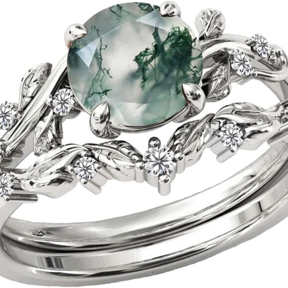 Other - 10K 14K 18K Solid Gold Natural Moss Agate Ring Set Inspired Leaf Moss Agate Enga